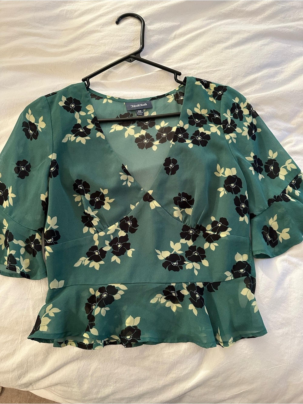 ModCloth Green Floral Wrap Peplum Blouse